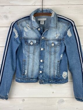 Crave Fame Distressed Bleached Blue Denim Jacket Ribbon Sleeves